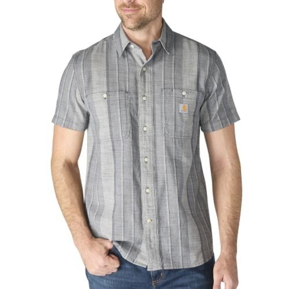 Carhartt Rugged Flex Relaxed Fit Short Sleeve Button Down Shirt Gray Striped M